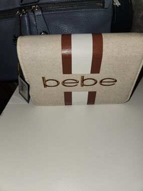 bebe Cream Canvas Crossbody with Brown Stripe and Embroidered Logo
